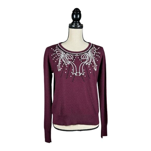 Anthropologie Field Flower Pearled Bow Sweater Womens Size Medium - Picture 2 of 5